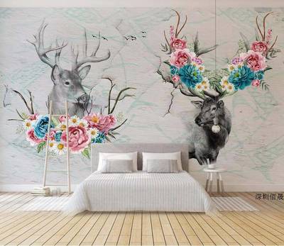 欧式创意麋鹿主题个性墙布 酒店背景墙壁画定制 工装背景墙壁纸生产厂家